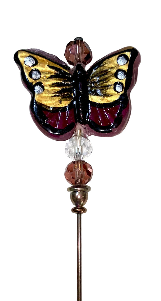 Decorative 5" stick pin with a purple and yellow glass butterfly lampwork, several complimentary glass beads, on a white background.
[image_link]