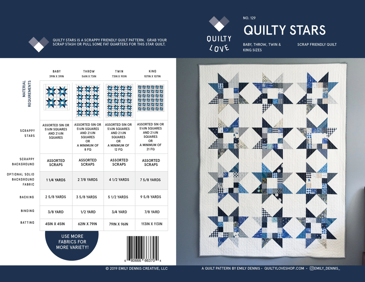 Back and front views of a quilting pattern booklet for 'Quilty Stars' by Quilty Lofts. The left side shows material requirements tables, while the right side displays a sample scrap-friendly quilt design made from blue, white, and gray patterned fabric squares.
Photo by Quilty Love [additional_image_link]
