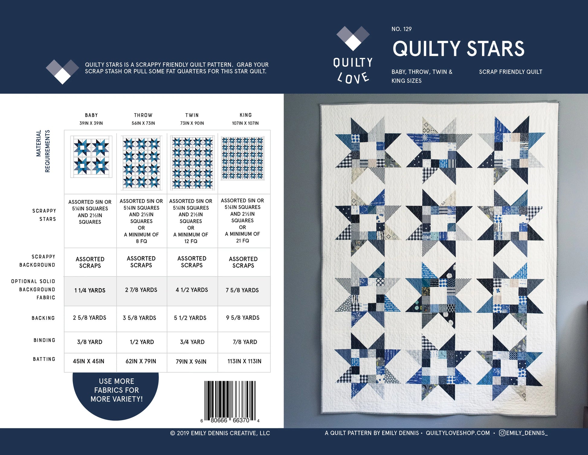 Back and front views of a quilting pattern booklet for 'Quilty Stars' by Quilty Lofts. The left side shows material requirements tables, while the right side displays a sample scrap-friendly quilt design made from blue, white, and gray patterned fabric squares.
Photo by Quilty Love [additional_image_link]