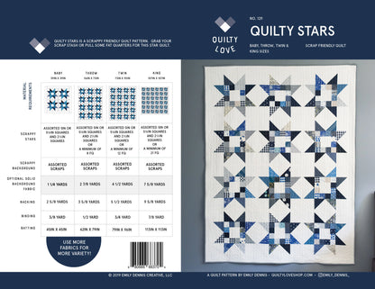Back and front views of a quilting pattern booklet for 'Quilty Stars' by Quilty Lofts. The left side shows material requirements tables, while the right side displays a sample scrap-friendly quilt design made from blue, white, and gray patterned fabric squares.
Photo by Quilty Love [additional_image_link]