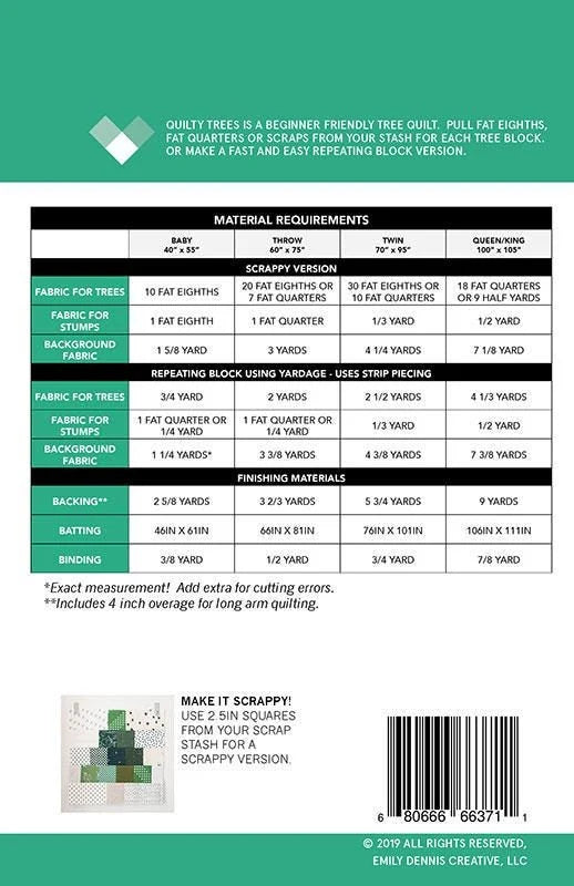A green informational sheet showing a material requirements table for a scrapply quilt, with fabric yardage needs for baby, baby teepee, and thong sizes, plus a small 'Make It Scrappy!' inset and a barcode at the bottom.
Photo by Quilty Love [additional_image_link]