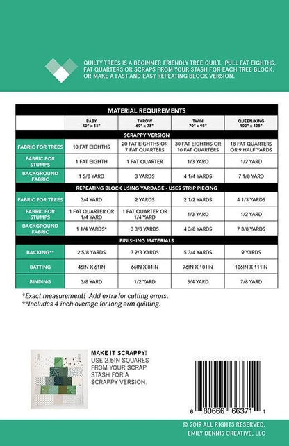 A green informational sheet showing a material requirements table for a scrapply quilt, with fabric yardage needs for baby, baby teepee, and thong sizes, plus a small 'Make It Scrappy!' inset and a barcode at the bottom.
Photo by Quilty Love [additional_image_link]