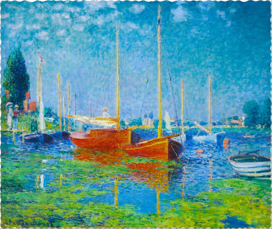 A jigsaw puzzle depicting a Claude Monet painting titled 'Red Boats at Argenteuil', featuring a serene waterfront scene with several boats and a clear blue sky.
Photo by Nautilus Puzzles [image_link]