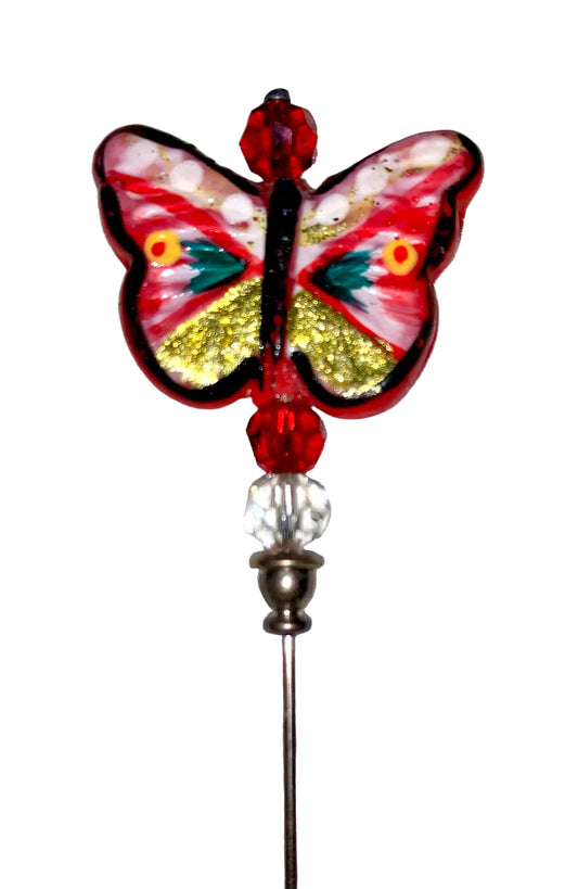 Decorative 5" stick pin with a red multicolor glass butterfly lampwork, several complimentary glass beads, on a white background.
[image_link]