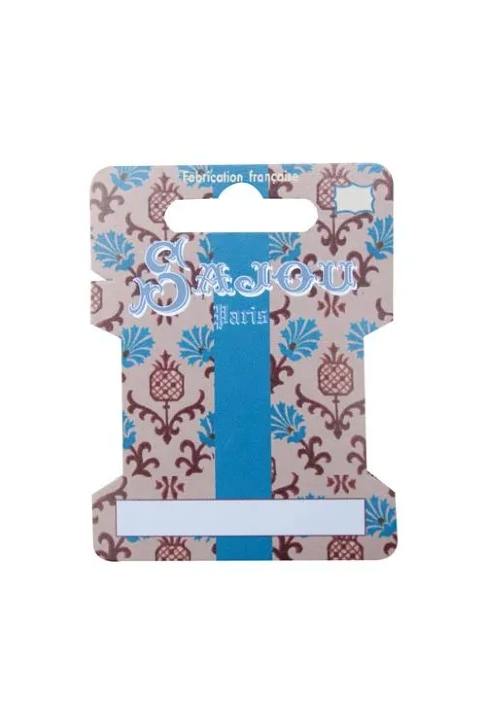A ribbon card spool on a white background. The stripe is blue, and it is presented on a cardboard hanger decorated with a beige, brown, and blue floral pattern.
Photo by Sajou.fr [additional_image_link]