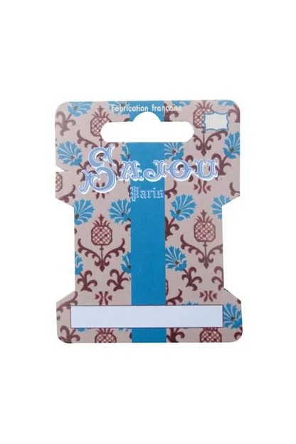 A ribbon card spool on a white background. The stripe is blue, and it is presented on a cardboard hanger decorated with a beige, brown, and blue floral pattern.
Photo by Sajou.fr [additional_image_link]