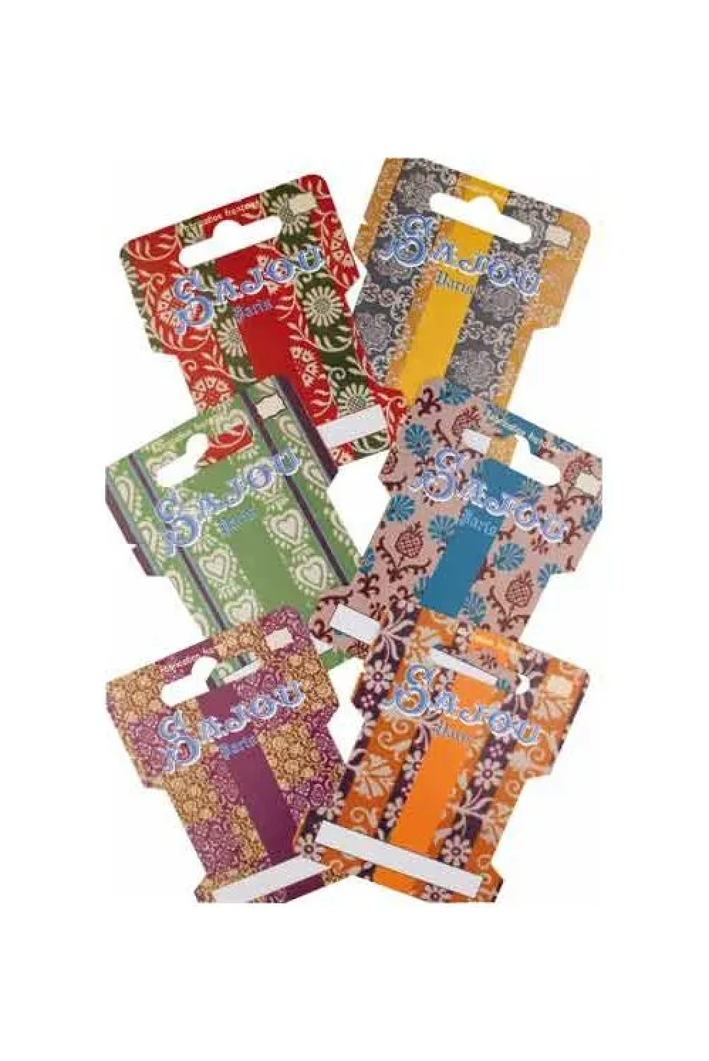 Six colorful patterned paper cardstock ribbon cards with die-cut hanging slots, arranged in a fan shape on a white background.
Photo by Sajou.fr [image_link]