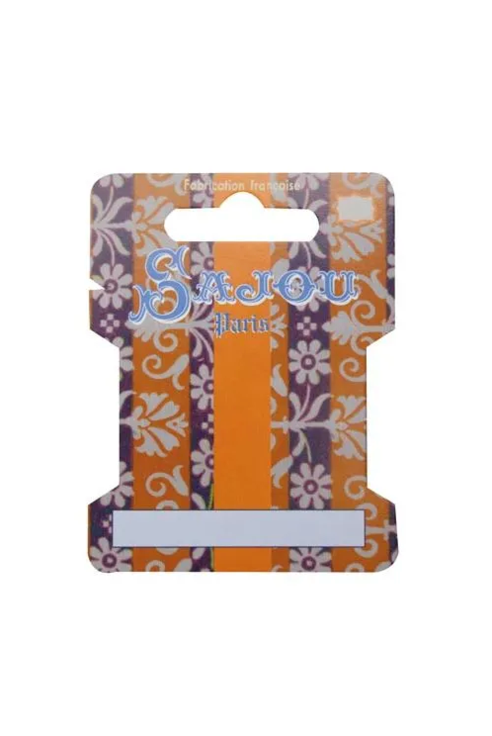 A decorative ribbon card strips from the brand SaJou, featuring a patterned backing card with orange, purple, and white floral designs, and a white adhesive strip at the bottom.
Photo by Sajou.fr [additional_image_link]