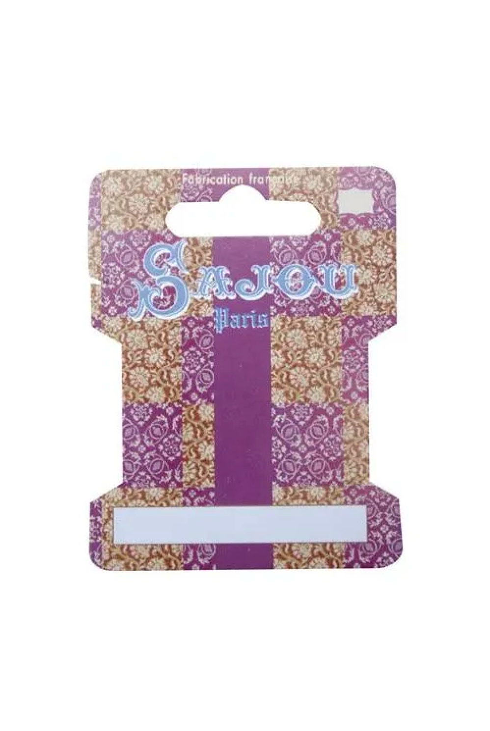 A decorative hanging  ribbon card with a purple and beige patterned design, featuring the stylized text 'Sajou Paris' across the top and a blank white label area at the bottom.
Photo by Sajou.fr [additional_image_link]