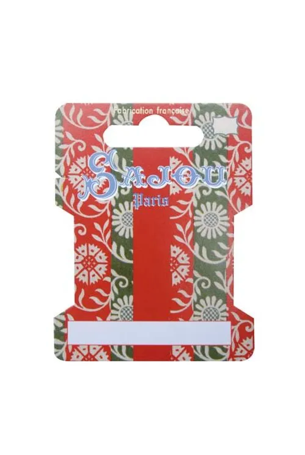 A red, green, and white patterned ribbon card with a hanging slot and a blank white writing area at the bottom. The brand name 'Sajou' is printed in stylized blue and white lettering across the top.
Photo by Sajou.fr [additional_image_link]