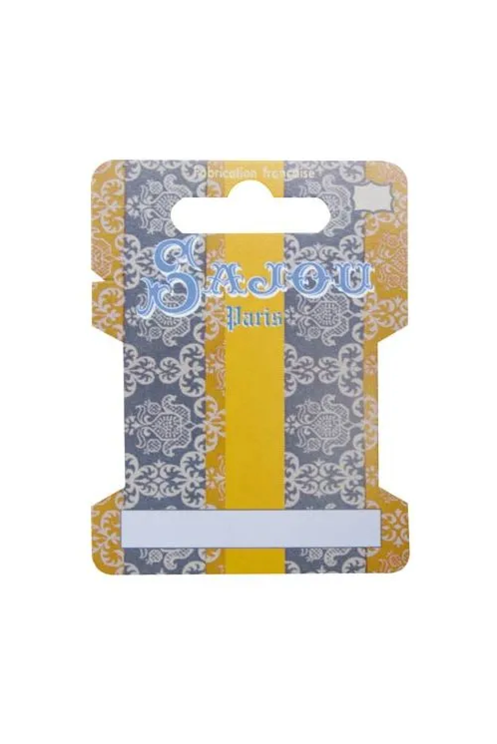 A ribbon card on a white background. The product is mounted on a decorative backing card with vertical stripes of gray damask pattern, yellow, and white, featuring the brand name 'Sajou' in blue script.
Photo by Sajou.fr [additional_image_link]