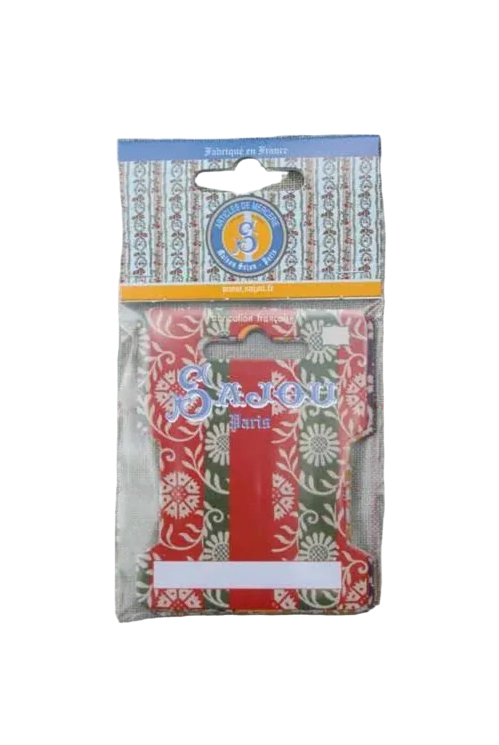A packaged decorative ribbon cards or insert with a red, green, and white floral pattern, shown inside clear plastic retail packaging on a textured gray fabric background.
Photo by Sajou.fr [additional_image_link]