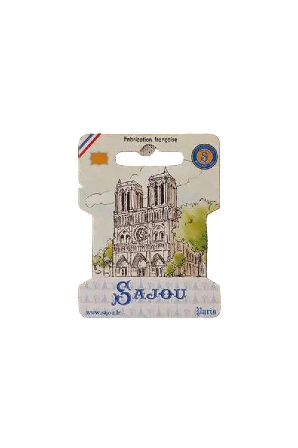 A small souvenir Ribbon card featuring an illustration of Notre Dame de Paris, on a white background. The card includes the text 'S.
Photo by Sajou.fr [additional_image_link]