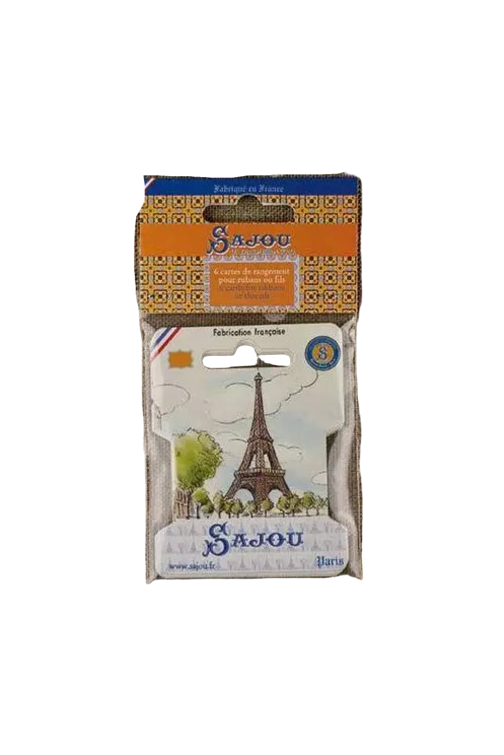 A packaged French souvenir Ribbon Cards featuring the Eiffel Tower, branded Sajou, shown on a white background.
Photo by Sajou.fr [additional_image_link]