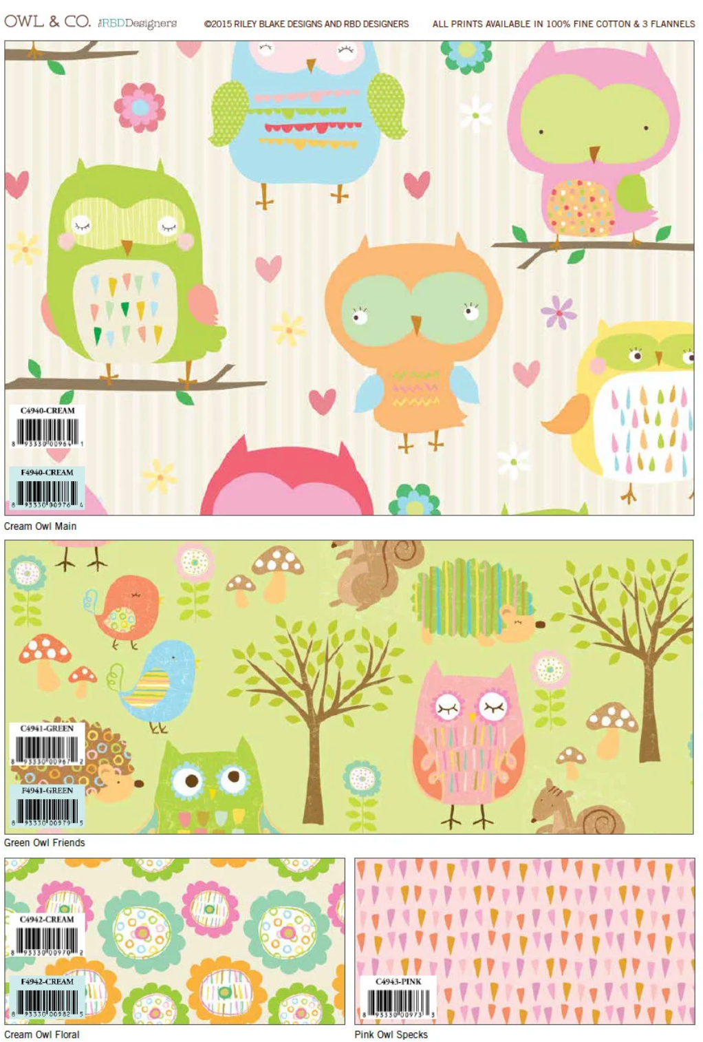 A collage featuring a whimsical owl-themed pattern with multiple colorful owls, birds, flowers, trees, and floral motifs on a striped cream background, shown alongside smaller preview panels of additional pattern options.
Photo by RileyBlakeDesigns.com [additional_image_link]