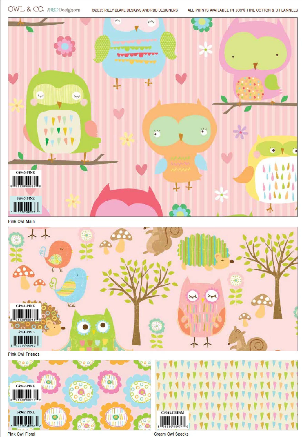 A collage showing four printed fabric or paper design sheets with whimsical owl illustrations, birds, trees, flowers, and striped backgrounds in pastel colors. The top sheet reads 'OWL & CO.
Photo by RileyBlakeDesigns.com [additional_image_link]