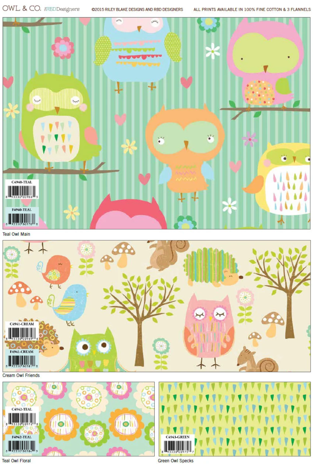 A collage showing multiple printed owl-themed designs and pattern swatches, likely for craft paper or fabric. The top panel shows colorful cartoon owls on a green striped background, with text at the top reading 'OWL & CO' and 'FleeceDesigns'.
Photo by RileyBlakeDesigns.com [additional_image_link]