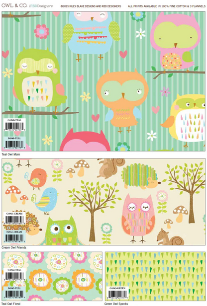 A collage showing multiple printed owl-themed designs and pattern swatches, likely for craft paper or fabric. The top panel shows colorful cartoon owls on a green striped background, with text at the top reading 'OWL & CO' and 'FleeceDesigns'.
Photo by RileyBlakeDesigns.com [additional_image_link]