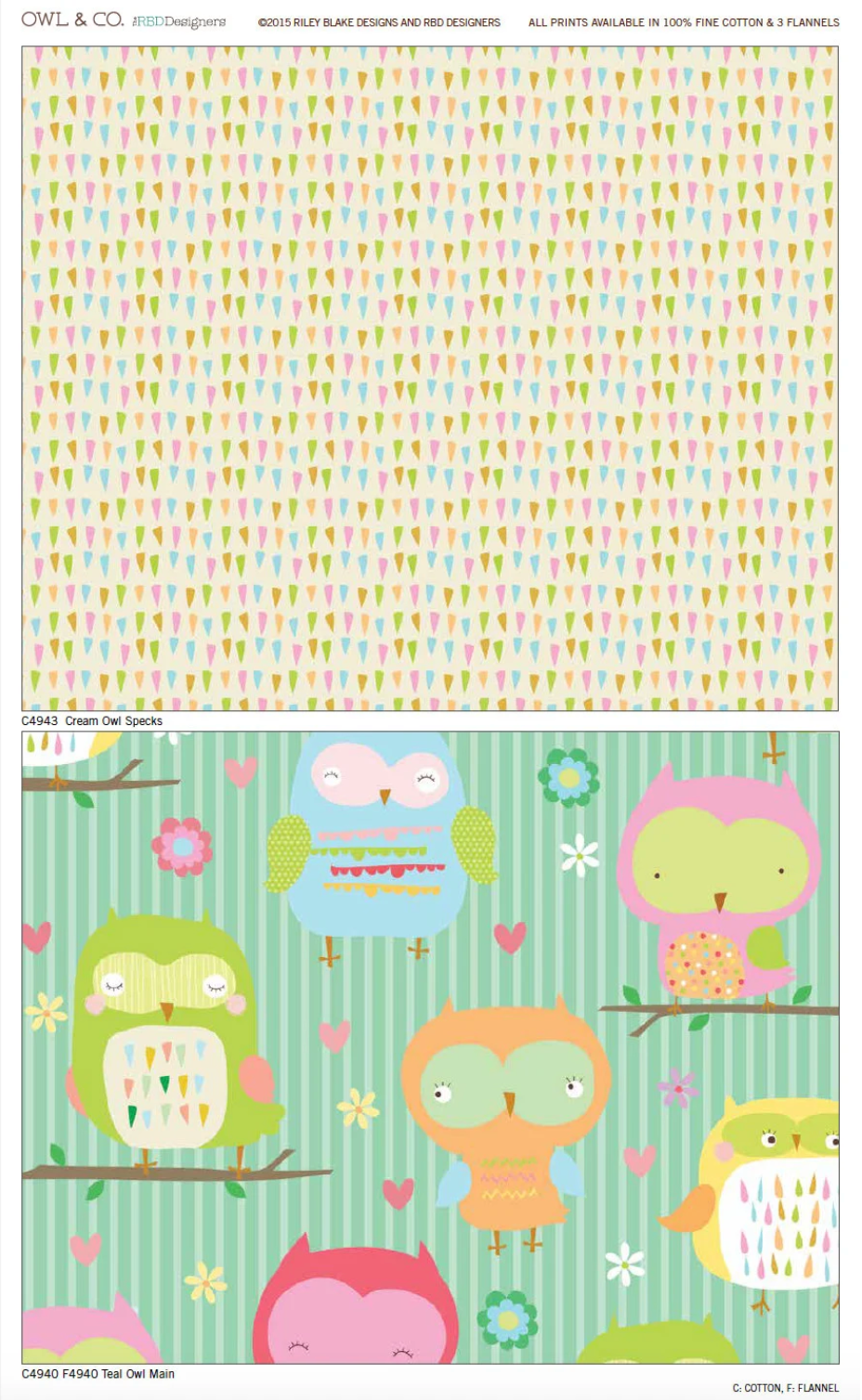 Two fabric pattern swatches from Owl & Co. collection. The top swatch features a repeating pattern of small colorful birds on a cream background, while the bottom swatch displays a multicolor cartoon owl print on a green striped background.
Photo by RileyBlakeDesigns.com [additional_image_link]