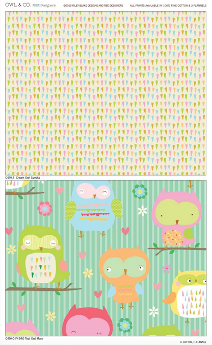 Two fabric pattern swatches from Owl & Co. collection. The top swatch features a repeating pattern of small colorful birds on a cream background, while the bottom swatch displays a multicolor cartoon owl print on a green striped background.
Photo by RileyBlakeDesigns.com [additional_image_link]