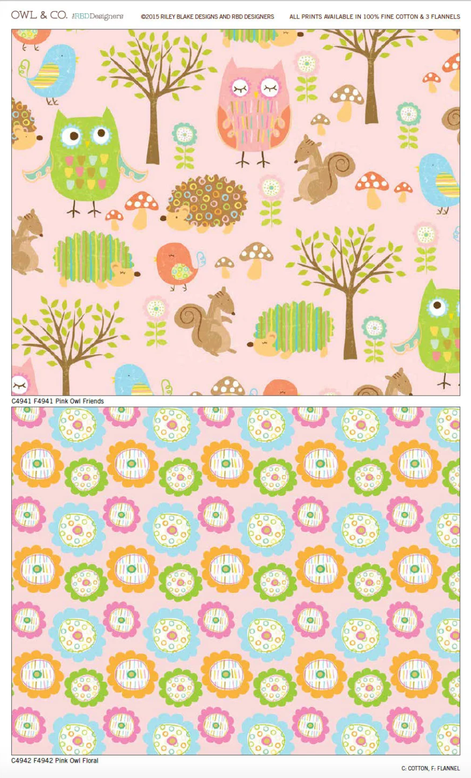 Two sheets of patterned cotton fabric from Owl & Co. Designs, featuring a top sheet with a whimsical woodland pattern of owls, squirrels, trees, and flowers on a light pink background, and a bottom sheet with a colorful floral scallop pattern on a light blue background.
Photo by RileyBlakeDesigns.com [additional_image_link]