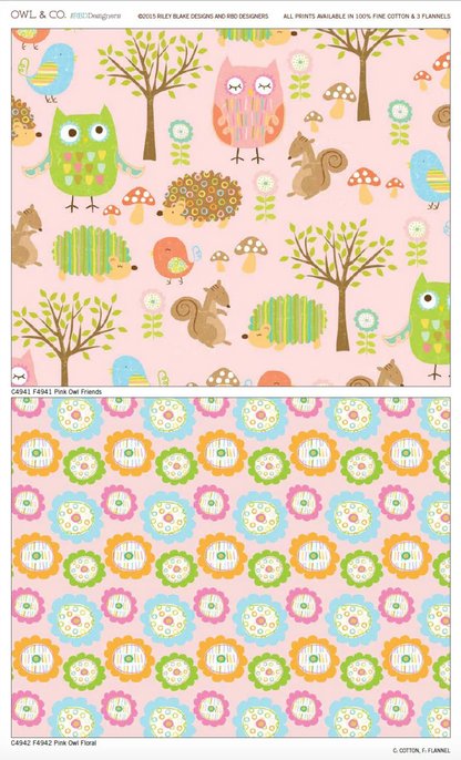 Two sheets of patterned cotton fabric from Owl & Co. Designs, featuring a top sheet with a whimsical woodland pattern of owls, squirrels, trees, and flowers on a light pink background, and a bottom sheet with a colorful floral scallop pattern on a light blue background.
Photo by RileyBlakeDesigns.com [additional_image_link]