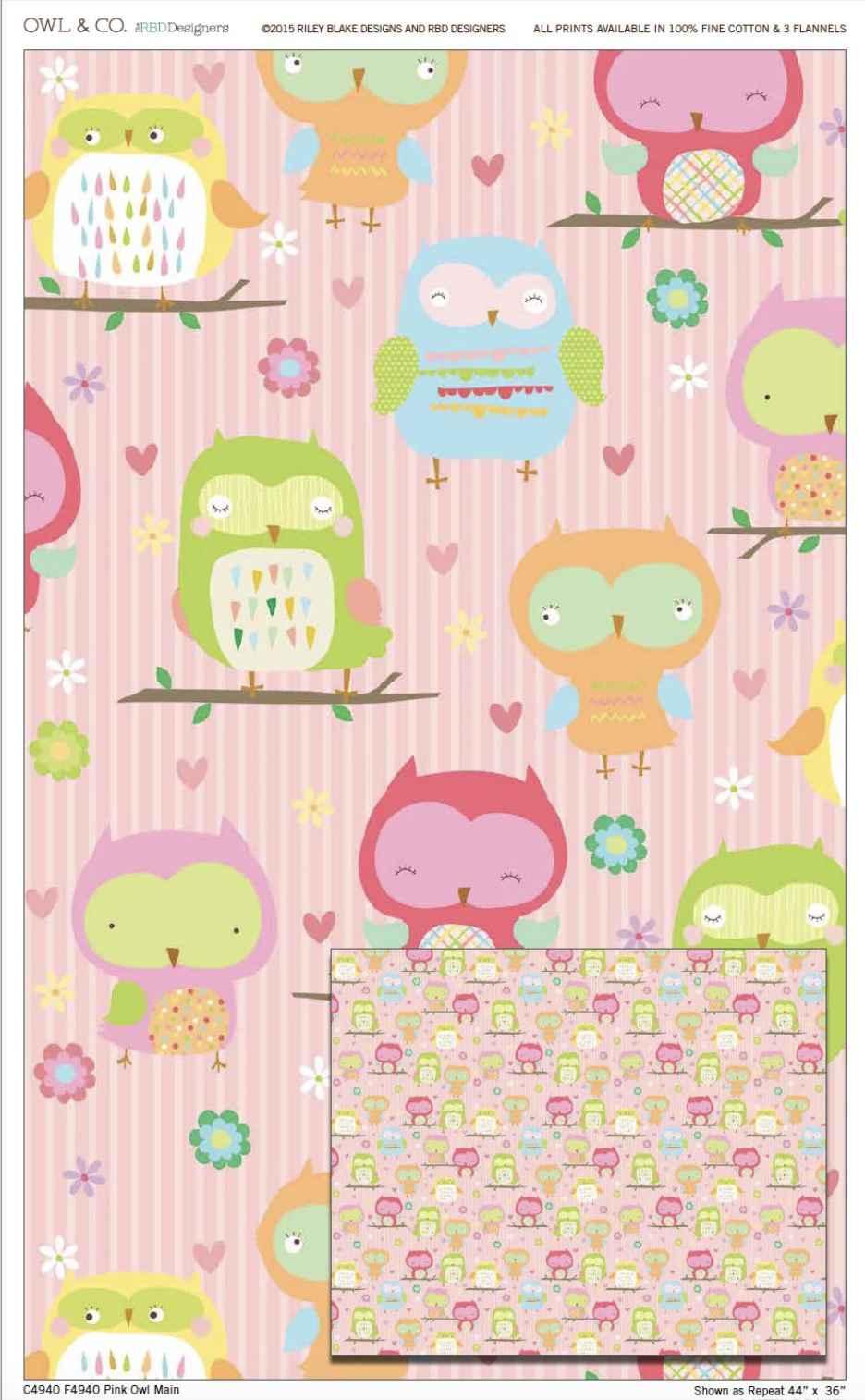 A fabric design pattern featuring colorful cartoon owls perched on branches against a pink striped background, with a smaller inset showing a close-up of the repeating motif.
Photo by RileyBlakeDesigns.com [additional_image_link]