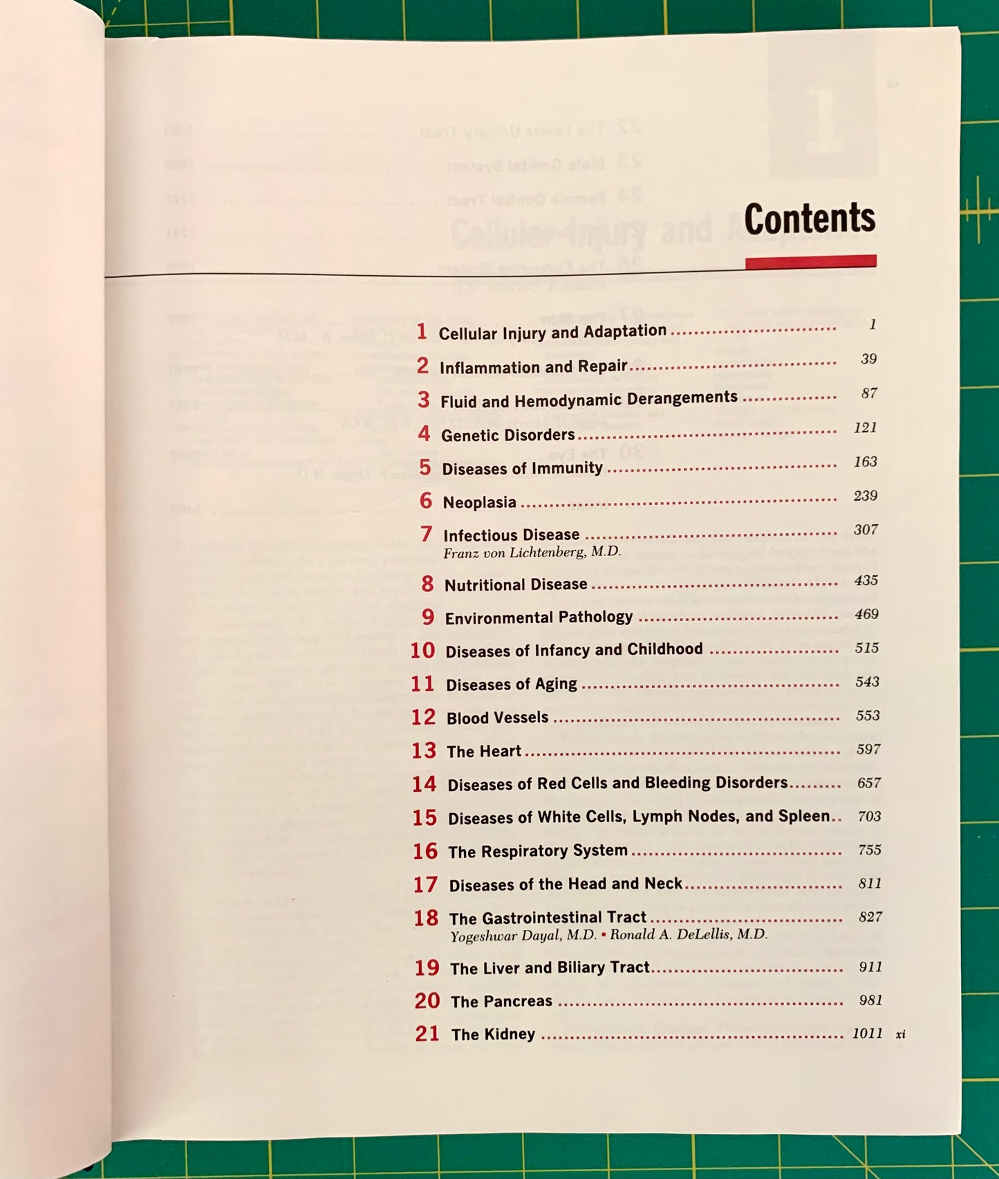 An open book page showing the Contents table with a list of medical and health-related chapter titles and page numbers, photographed against a green cutting mat background.
[additional_image_link]