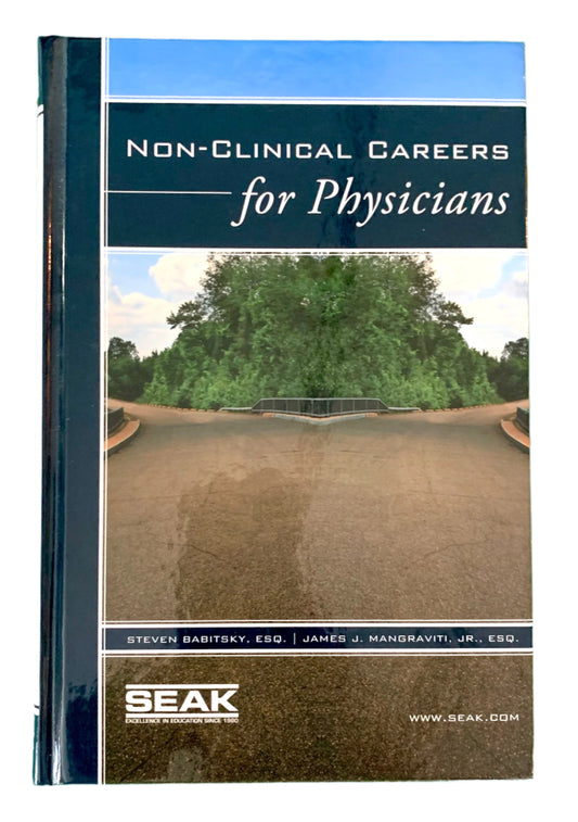 Book titled 'Non-Clinical Careers for Physicians' by SEAK on a green grid background
Photo by Karen King [image_link]