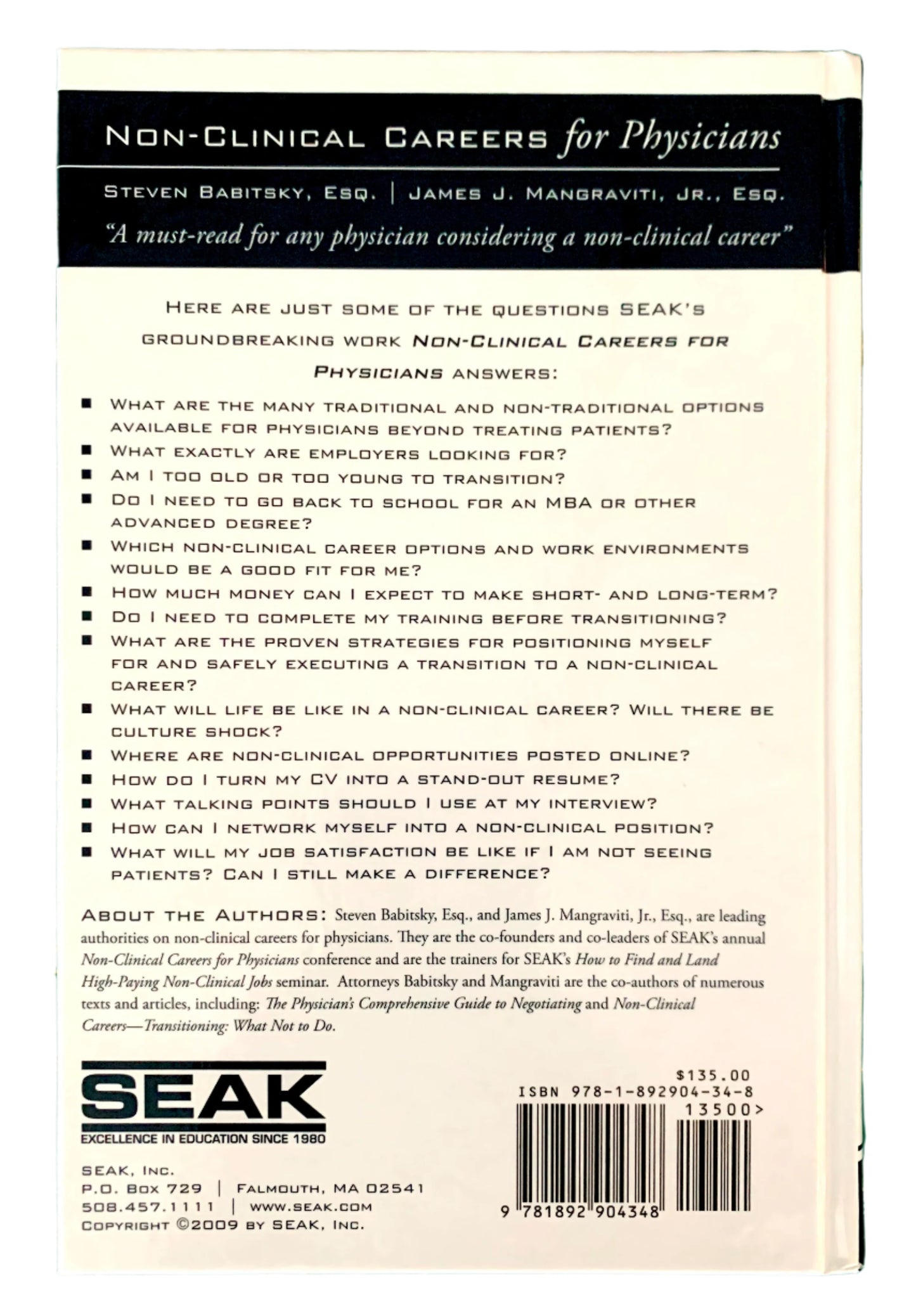 Back cover of a book titled 'Non-Clinical Careers for Physicians' with text and SEAK logo.
Photo by Karen King [additional_image_link]