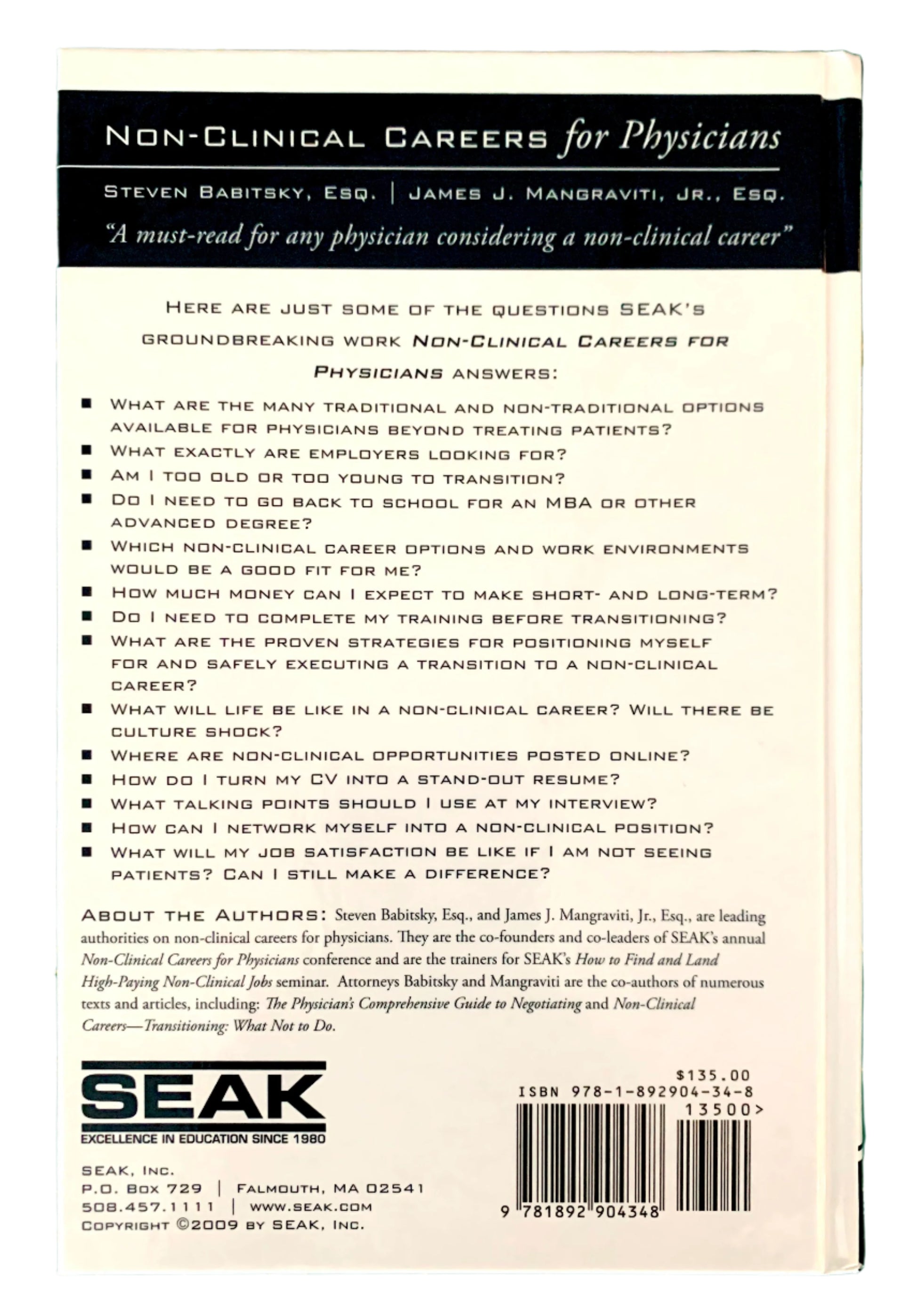 Back cover of a book titled 'Non-Clinical Careers for Physicians' with text and SEAK logo.
Photo by Karen King [additional_image_link]