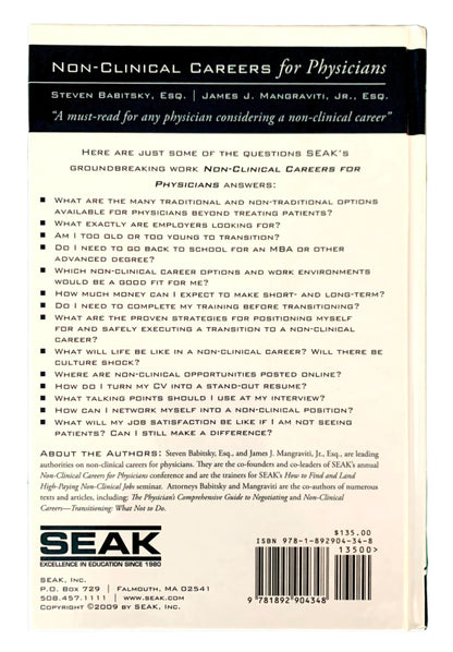 Back cover of a book titled 'Non-Clinical Careers for Physicians' with text and SEAK logo.
Photo by Karen King [additional_image_link]