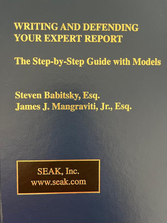 Book cover of 'Writing and Defending Your Expert Report' with gold text on a dark background
[image_link]