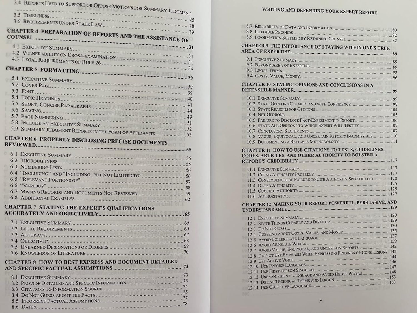 Table of contents or index page of a book or document on writing and defending an expert report.
[additional_image_link]