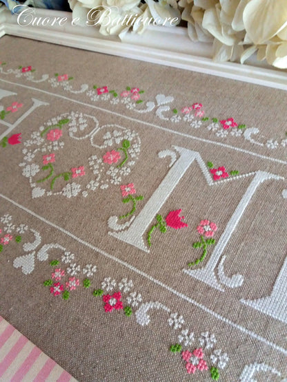 A close-up of a personalized burlap-style rug or mat with embroidered white letters, pink and white flowers, and green leaves on a beige background. A white decorative frame or tray edge is visible at the top, along with cream flowers and a pink-and-white striped fabric corner at the bottom left.
Photo by CuoreBatticuore.com [additional_image_link]