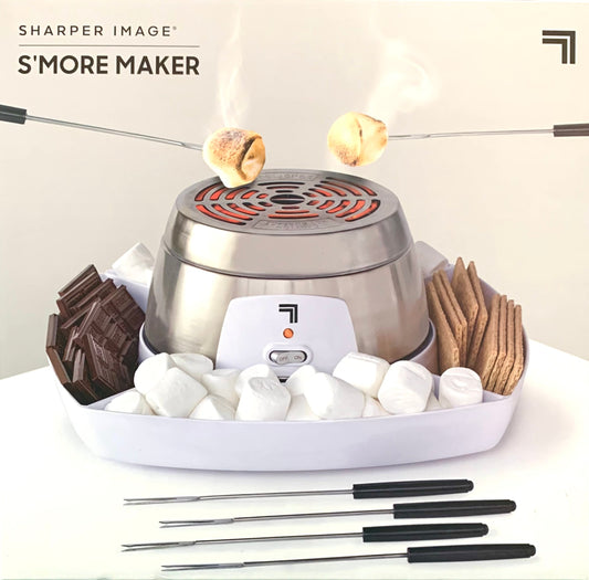 Sharper Image Electric S'mores Maker with marshmallows on skewers and a serving tray, displayed on a white background.
Photo by Karen King [image_link]