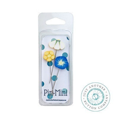 JABC pin mini with three flowers, one yellow, one blue and one white.
Photo by JustAnotherButtonCompany.com [additional_image_link]
