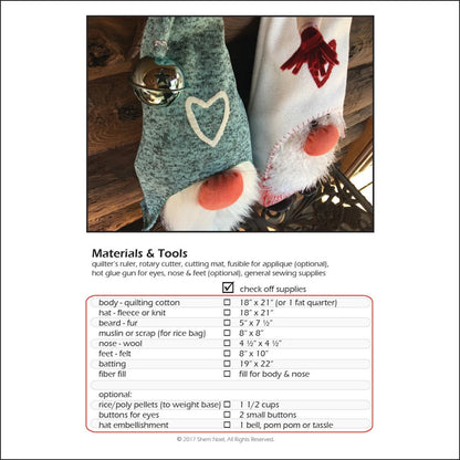 A sewing pattern cover page showing a photo of a pair of white knit socks with red heels and embroidered details, plus a materials and tools checklist below on a white background.
Photo by Sherri Noel [additional_image_link]