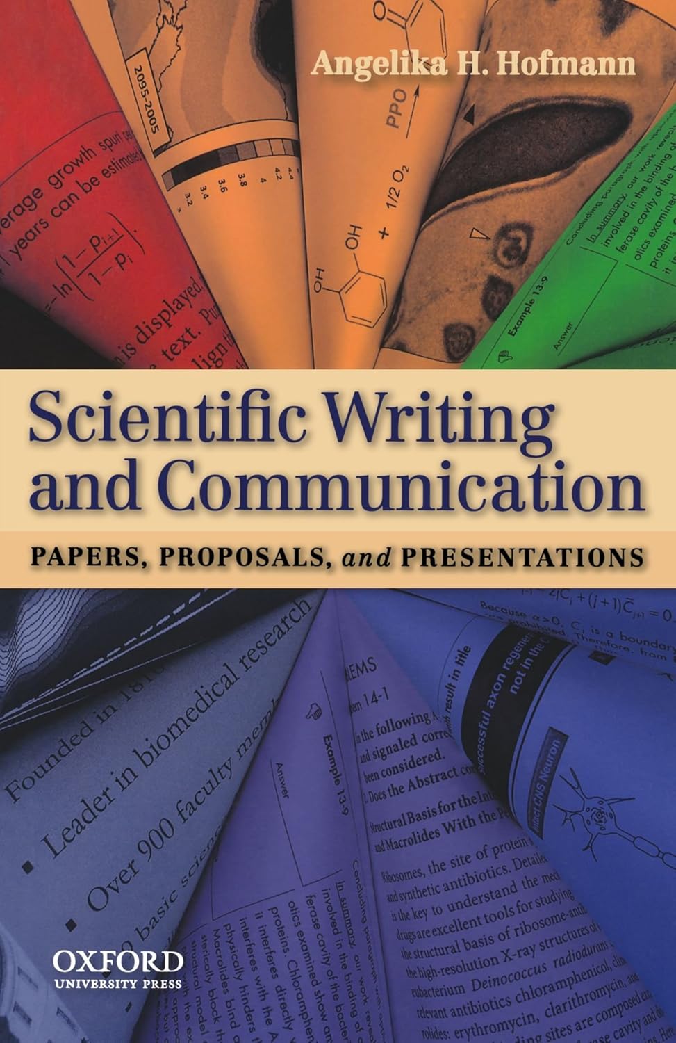 Book cover of 'Scientific Writing and Communication' by Angelika H. Hofmann with colorful text samples on a blue background.
[image_link]