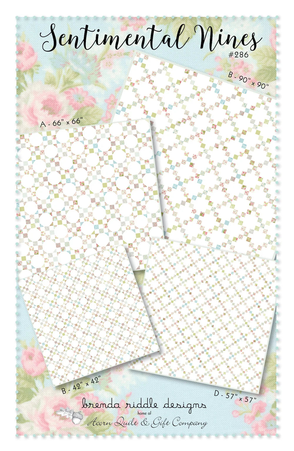 A product display sheet for 'Sentimental Nines' quilting papers by Brenda Riddle Designs. The sheet shows four different patterned papers with dimensions labeled (A, B, C, D sizes) in a pastel floral border design.
Photo by Brenda Riddle [image_link]