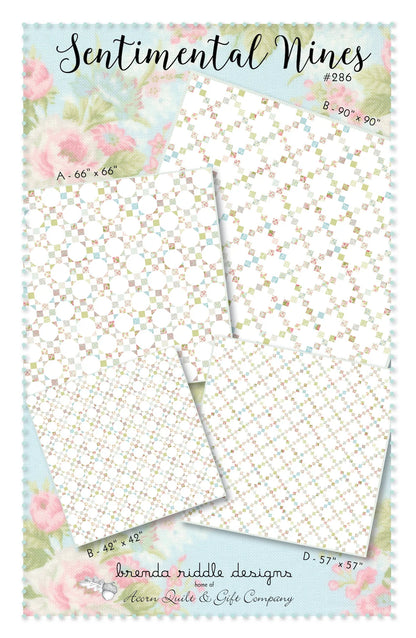 A product display sheet for 'Sentimental Nines' quilting papers by Brenda Riddle Designs. The sheet shows four different patterned papers with dimensions labeled (A, B, C, D sizes) in a pastel floral border design.
Photo by Brenda Riddle [image_link]
