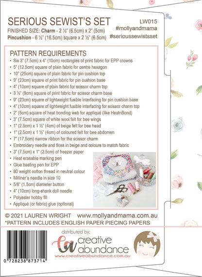 Back cover of a sewing pattern booklet titled 'SERIOUS SEWIST'S SET' showing pattern requirements, finished size, pincushion, and social media hashtags, with a barcode and brand logos for Creative Abundance and Molly and Mama.
Photo by Molly and Mama [additional_image_link]