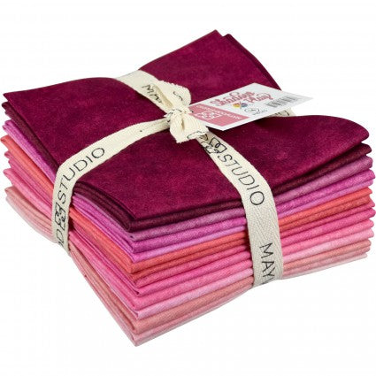 A bundle of 14 fat quarters in various shades of pink, bound together with a ribbon and a label displaying the brand 'Maywood Studio'.
Photo by MaywoodStudios.com [image_link]