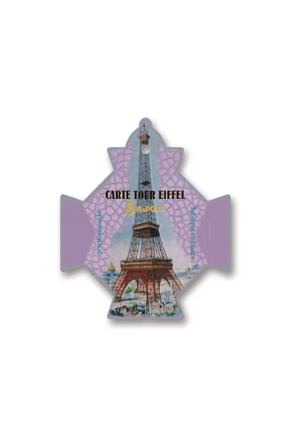 A vintage-style illustrated thread card shaped like the Eiffel Tower, with the text 'CARTE TOUR EIFFEL Paris' and a light purple background, placed on a white surface.
Photo by Sajou.fr [additional_image_link]