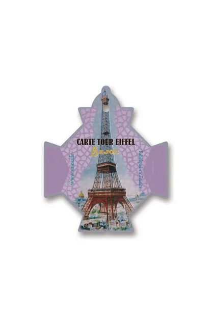 A vintage-style illustrated thread card shaped like the Eiffel Tower, with the text 'CARTE TOUR EIFFEL Paris' and a light purple background, placed on a white surface.
Photo by Sajou.fr [additional_image_link]