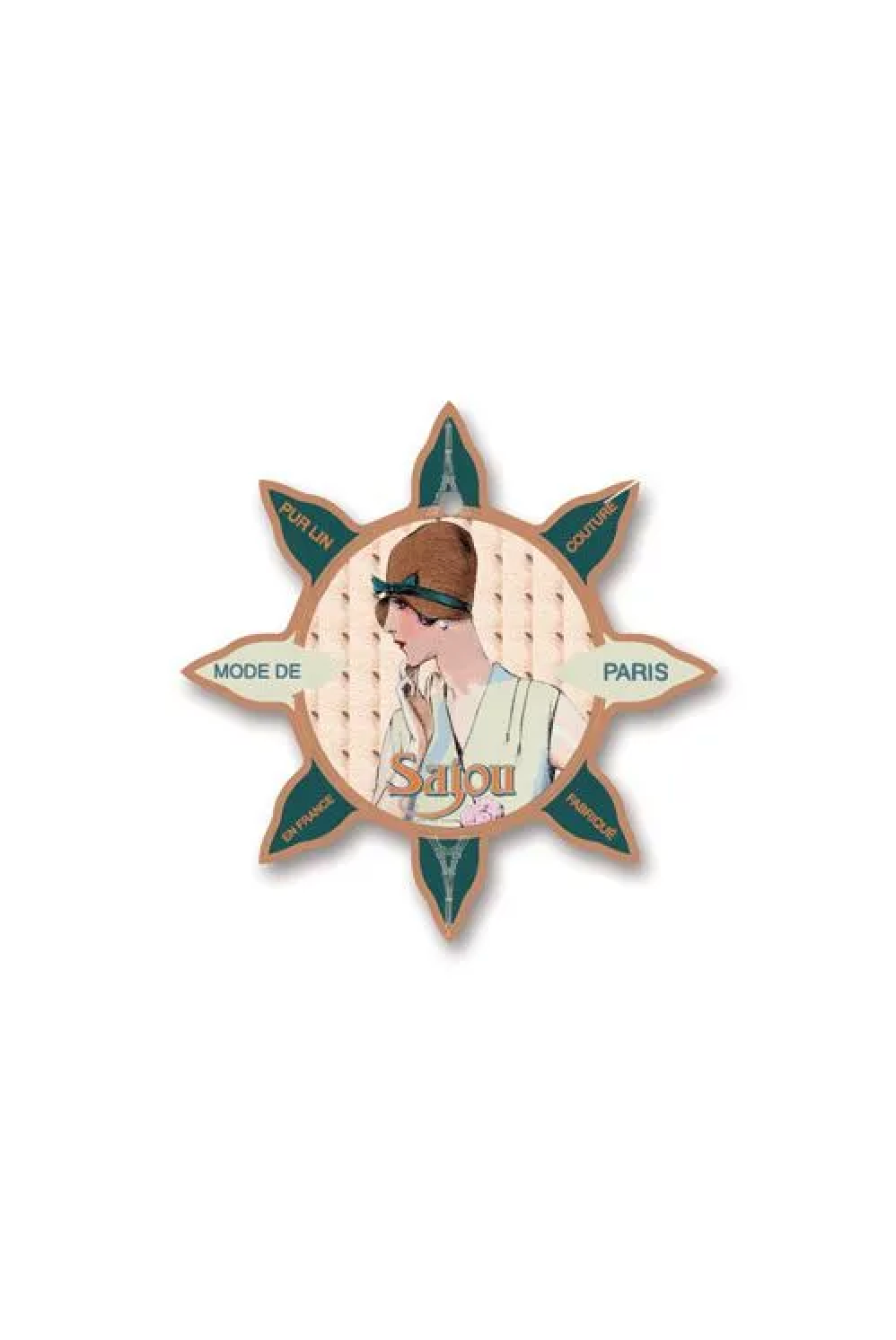 A vintage-style decorative thread card shaped like a sunburst, featuring an illustration of a woman in profile with the words 'PARIS', 'MODE DE', and 'SAINT-LOUIS' on a white background.
Photo by Sajou.fr [additional_image_link]