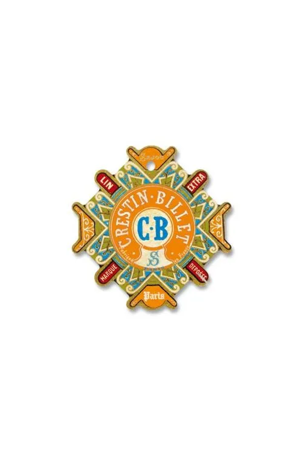 A vintage-style decorative thread card with the text 'Crestin-Billet' and 'CB S Paris,' featuring ornate green, gold, red, and blue details, placed on a white background.
Photo by Sajou.fr [additional_image_link]