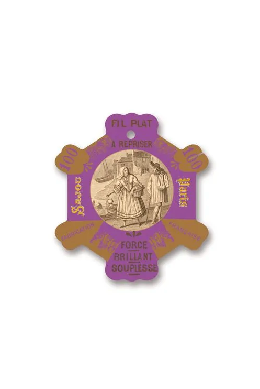 A vintage French patisserie thread card for 'Fil Plat A Repriser' and 'Force Brillant Souplesse' in purple and gold, displayed on a white background.
Photo by Sajou.fr [additional_image_link]