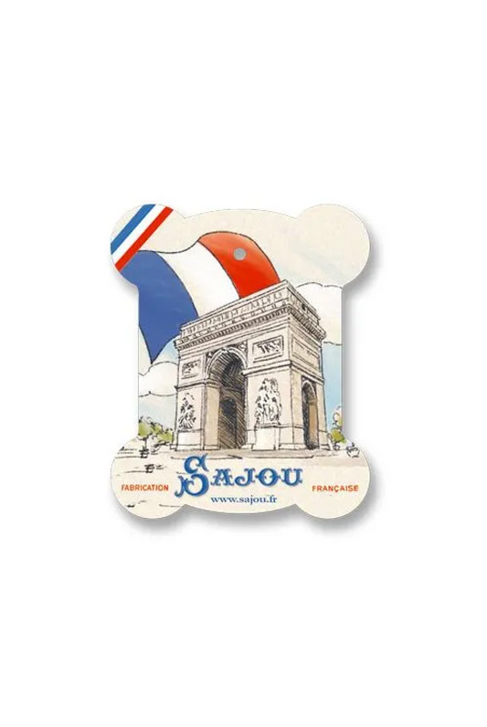 A multilingual thread card featuring the Arc de Triomphe and the brand name 'Sajou' on the bottom right.
Photo by Sajou.fr [image_link]
