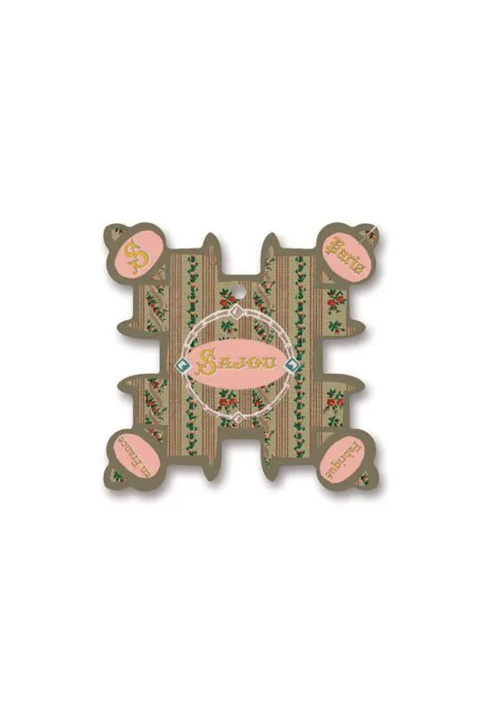 A vintage decorative thread card shaped like the letter H, featuring a green and gold striped pattern with pink floral accents and a central pink label reading 'Sajou'.
Photo by Sajou.fr [additional_image_link]